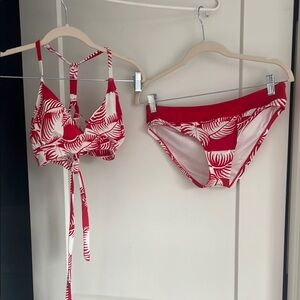 Red and White Leaf Print Bikini Set